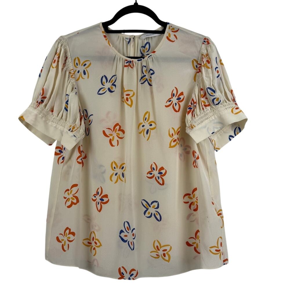 Rebecca Taylor Silk Floral Blouse Womens Large Cream Puff Sleeve